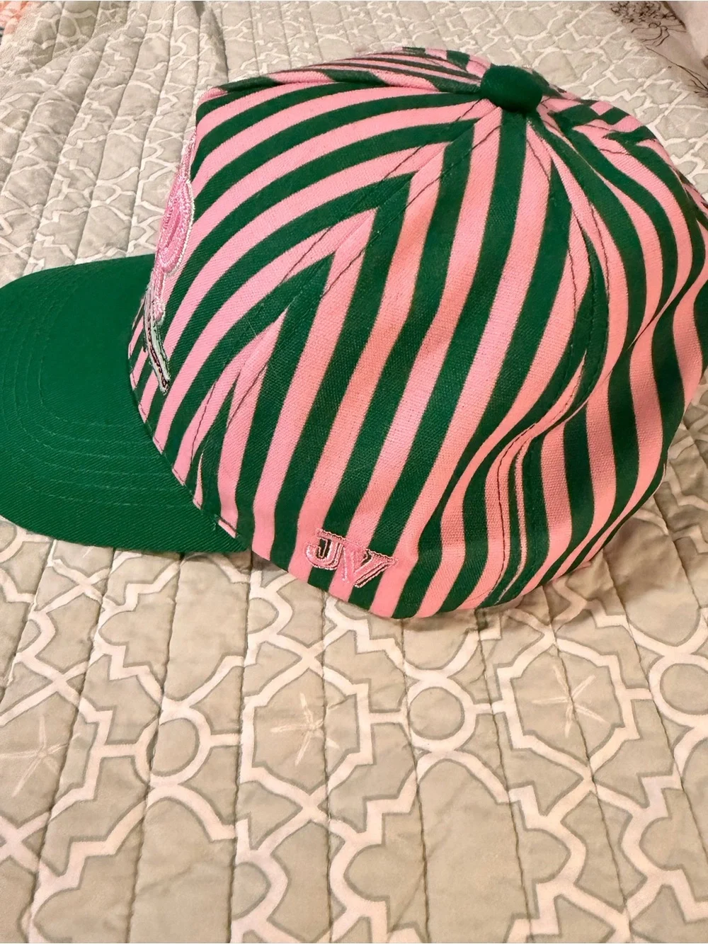 Pink & Green Striped 'LATER' Cap with Crocodile Embroidery